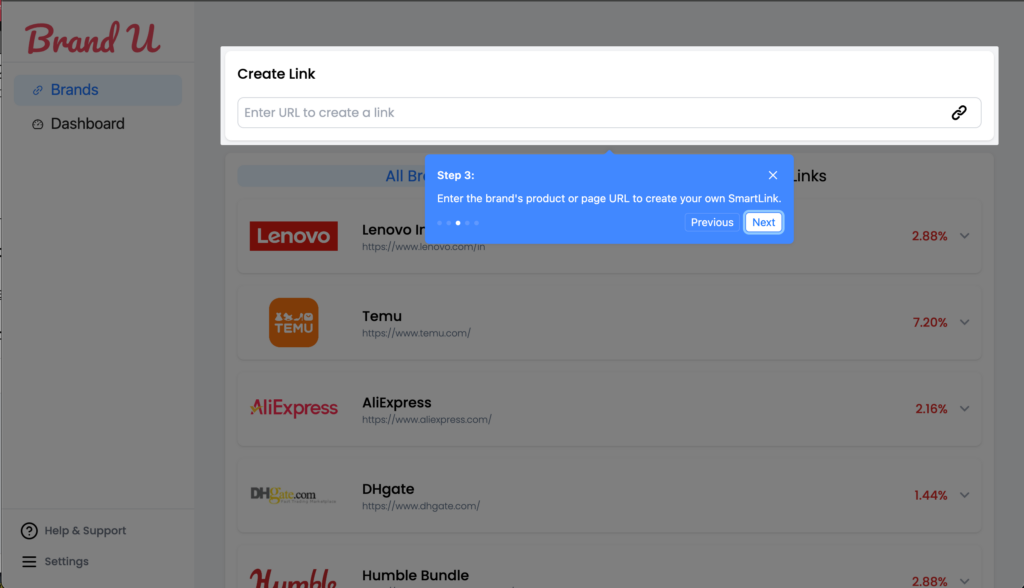 Enter the brand's product or page URL to create your own smartlink